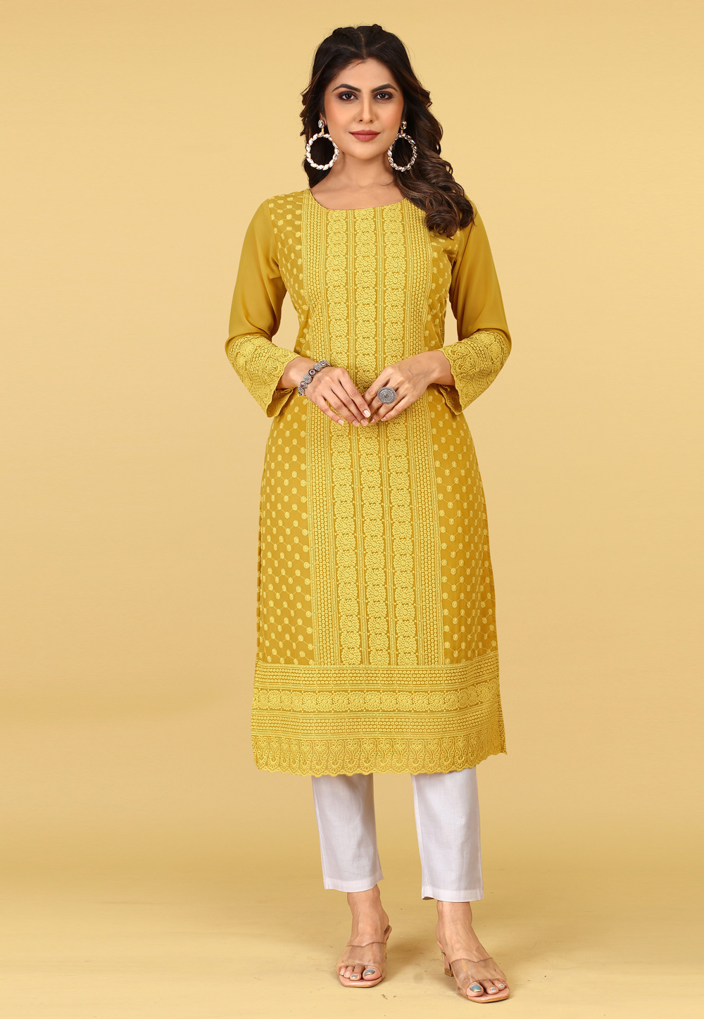 Mustard Georgette Chiffon Long Kurti 267350