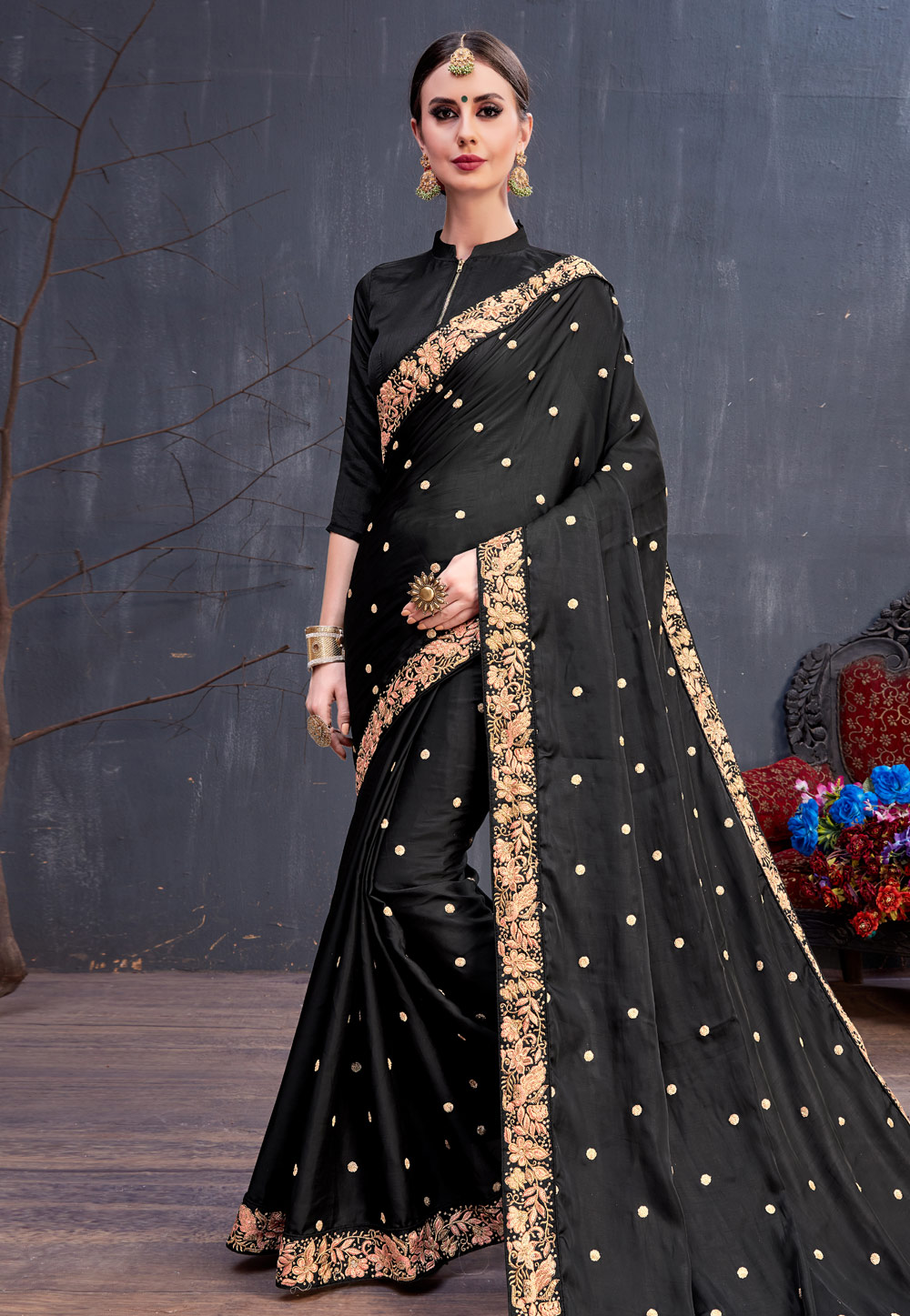 Black Silk Embroidered Festival Wear Saree 166756