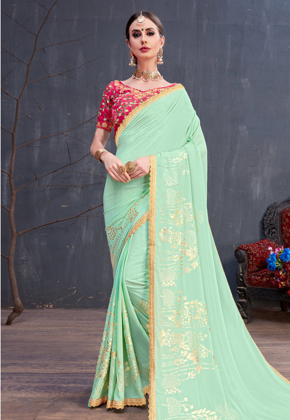 Mint Green Georgette Embroidered Saree With Blouse 166757
