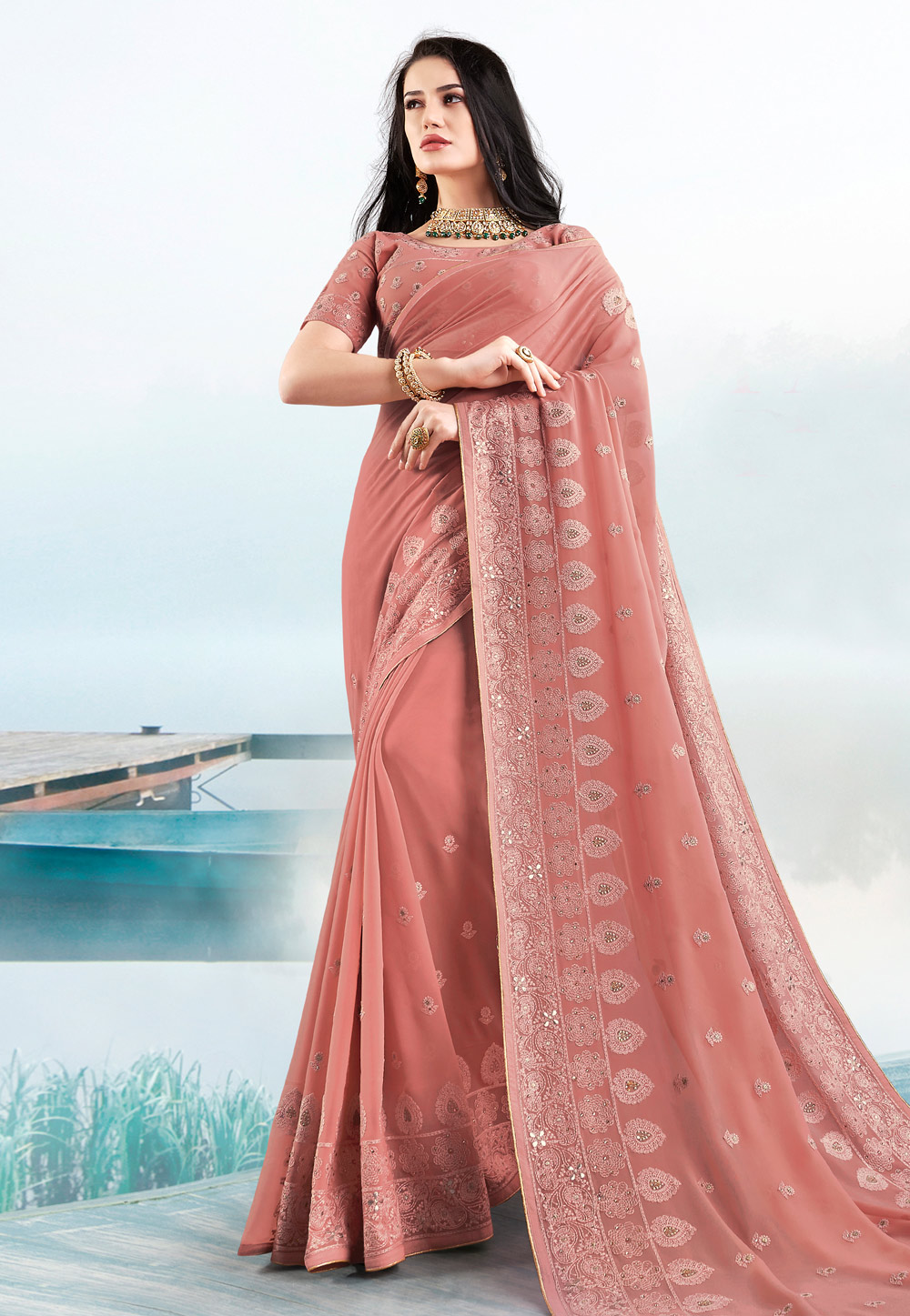 Pink Bemberg Georgette Saree With Blouse 212309
