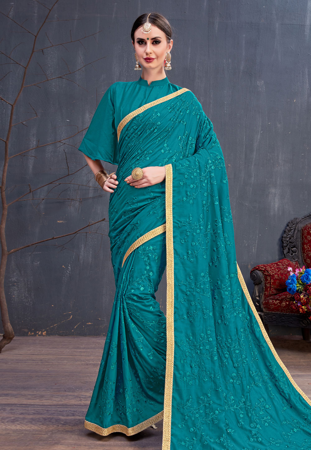 Turquoise Blue Cotton Embroidered Festival Wear Saree 166758