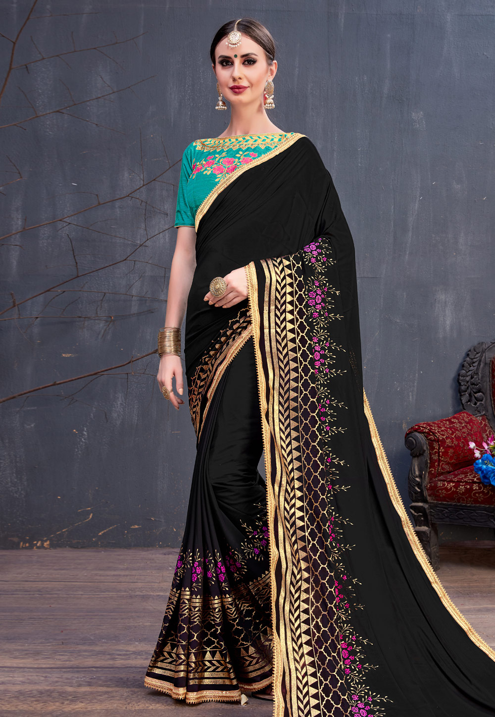 Black Georgette Embroidered Saree With Blouse 166759