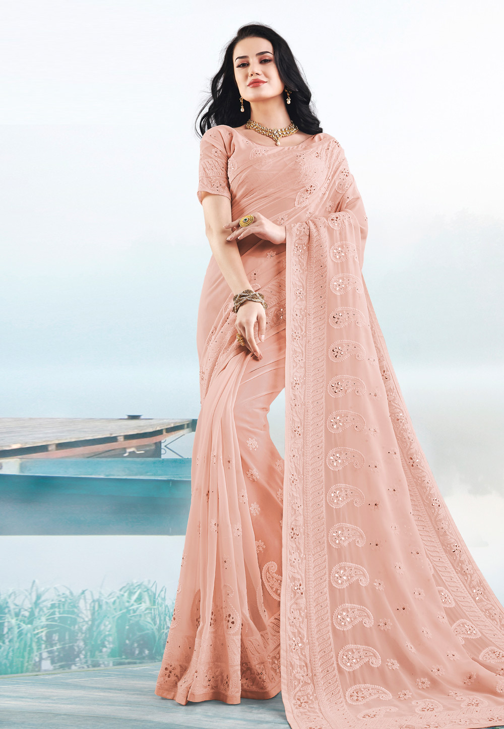 Peach Bemberg Georgette Saree With Blouse 212313