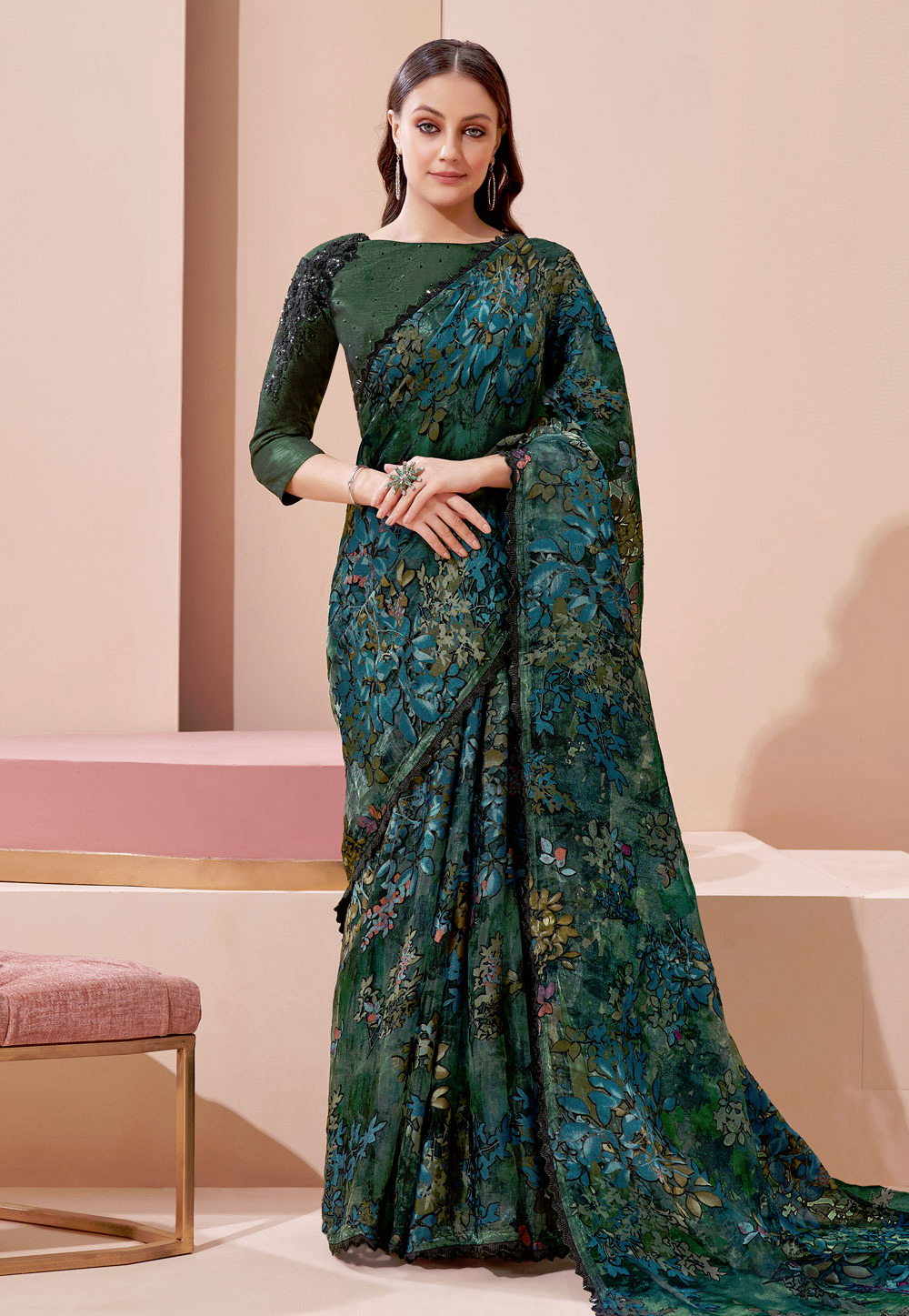 Green Brasso Saree With Blouse 235566