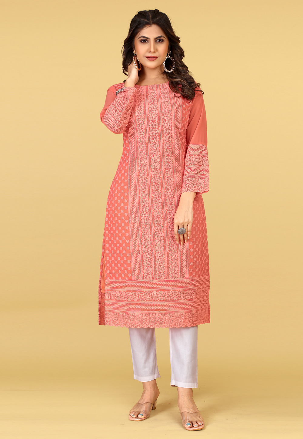 Peach Georgette Chiffon Long Tunic 267351