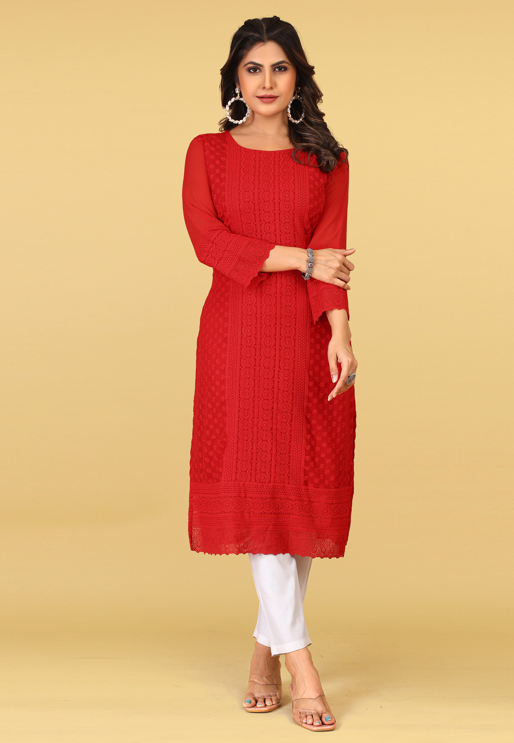 Red Georgette Chiffon Long Kurti 267352