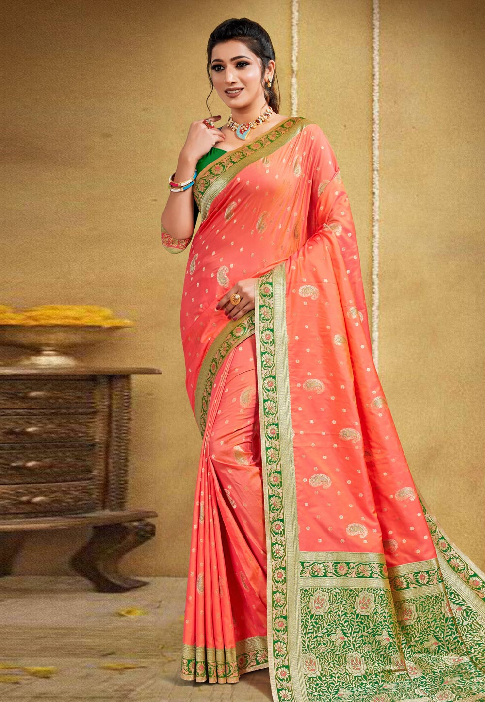 Orange Banarasi Silk Saree With Blouse 225420