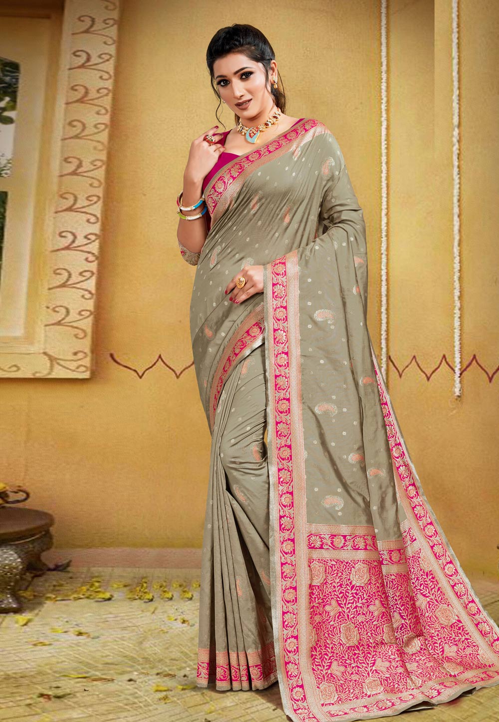 Grey Banarasi Silk Festival Wear Saree 225423