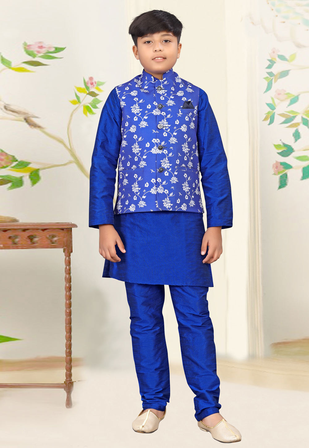 Blue Silk Kids Kurta Pajama With Jacket 261011