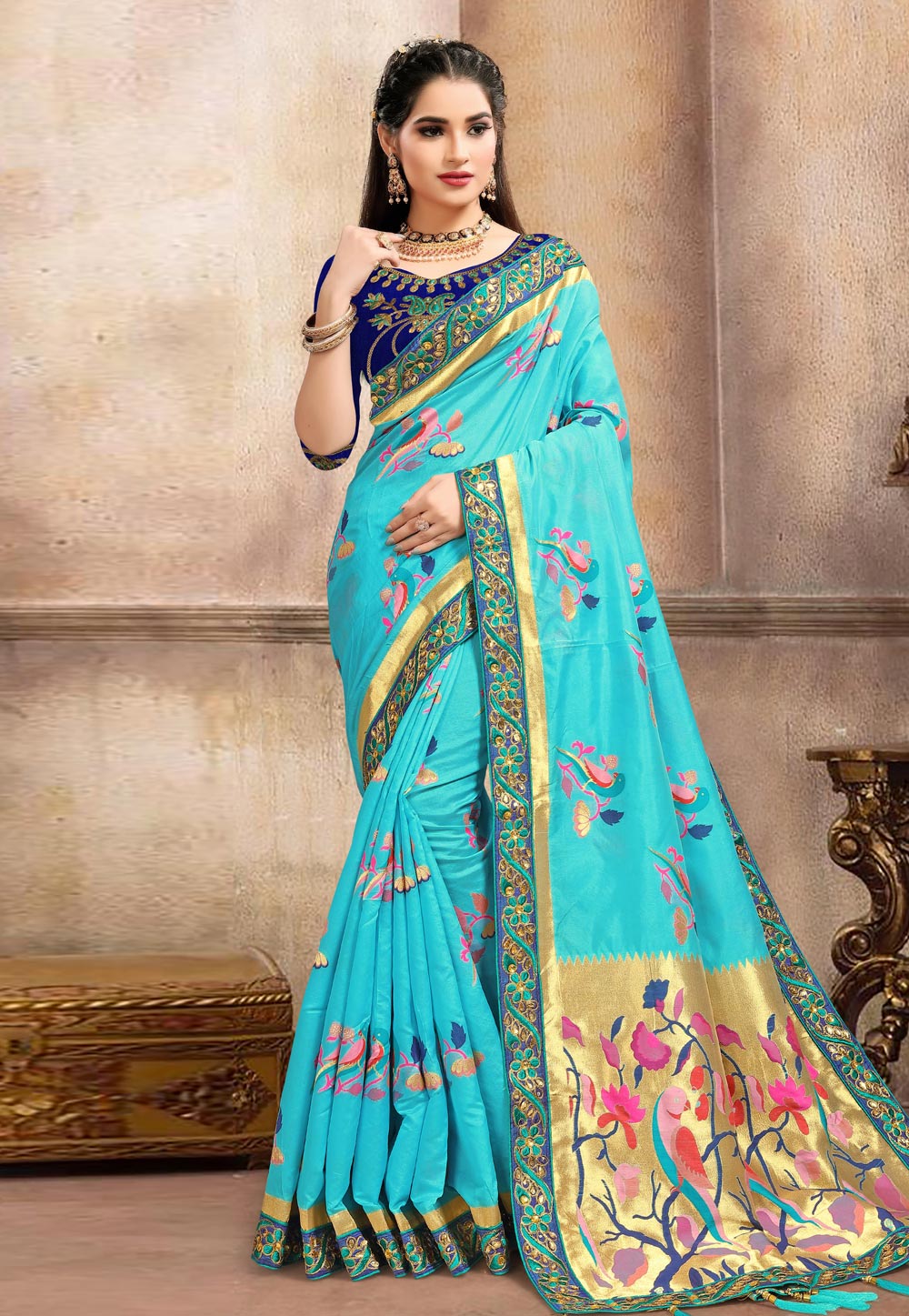 Sky Blue Banarasi Silk Paithani Saree With Blouse 225428