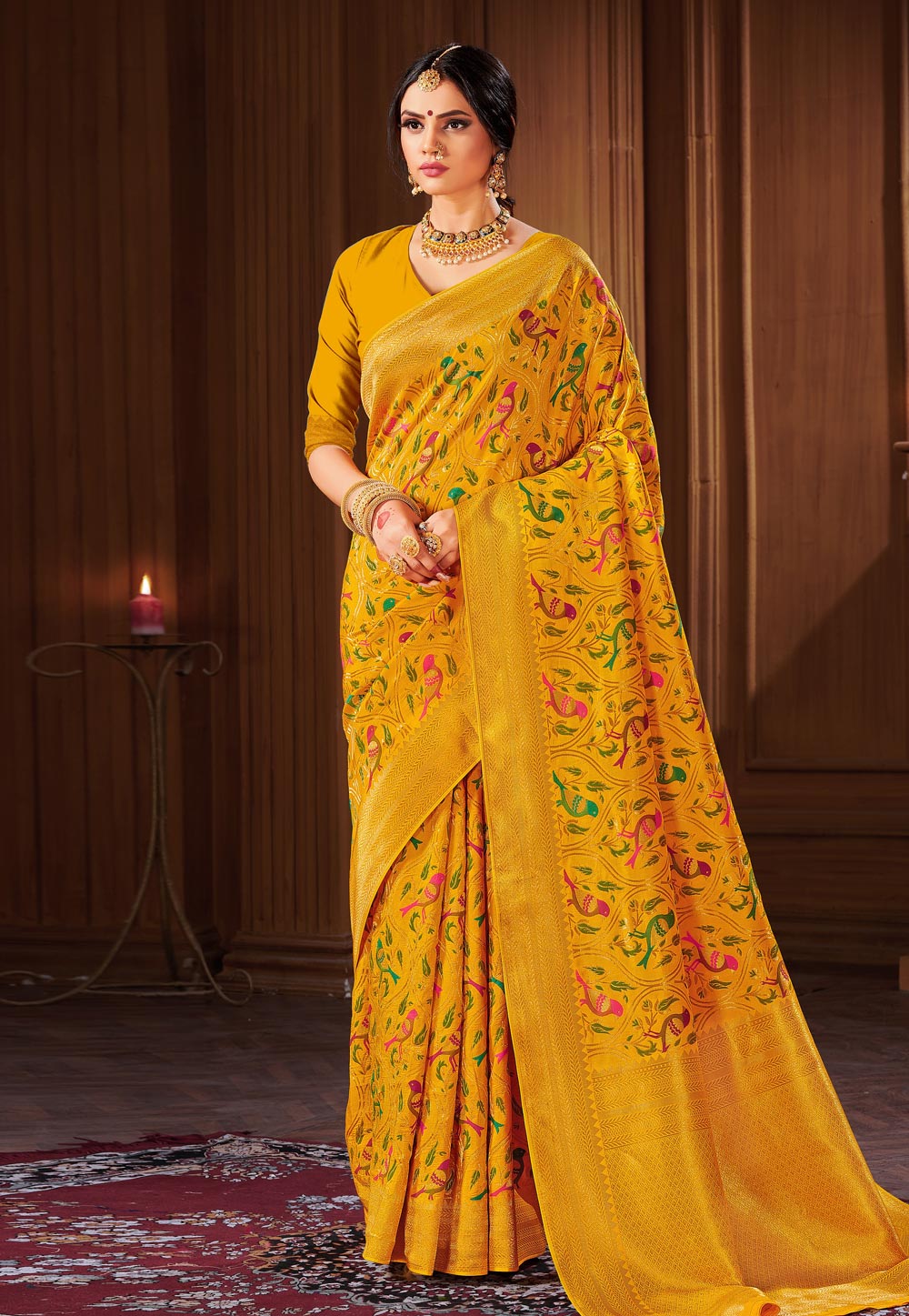 Yellow Banarasi Silk Saree With Blouse 225430