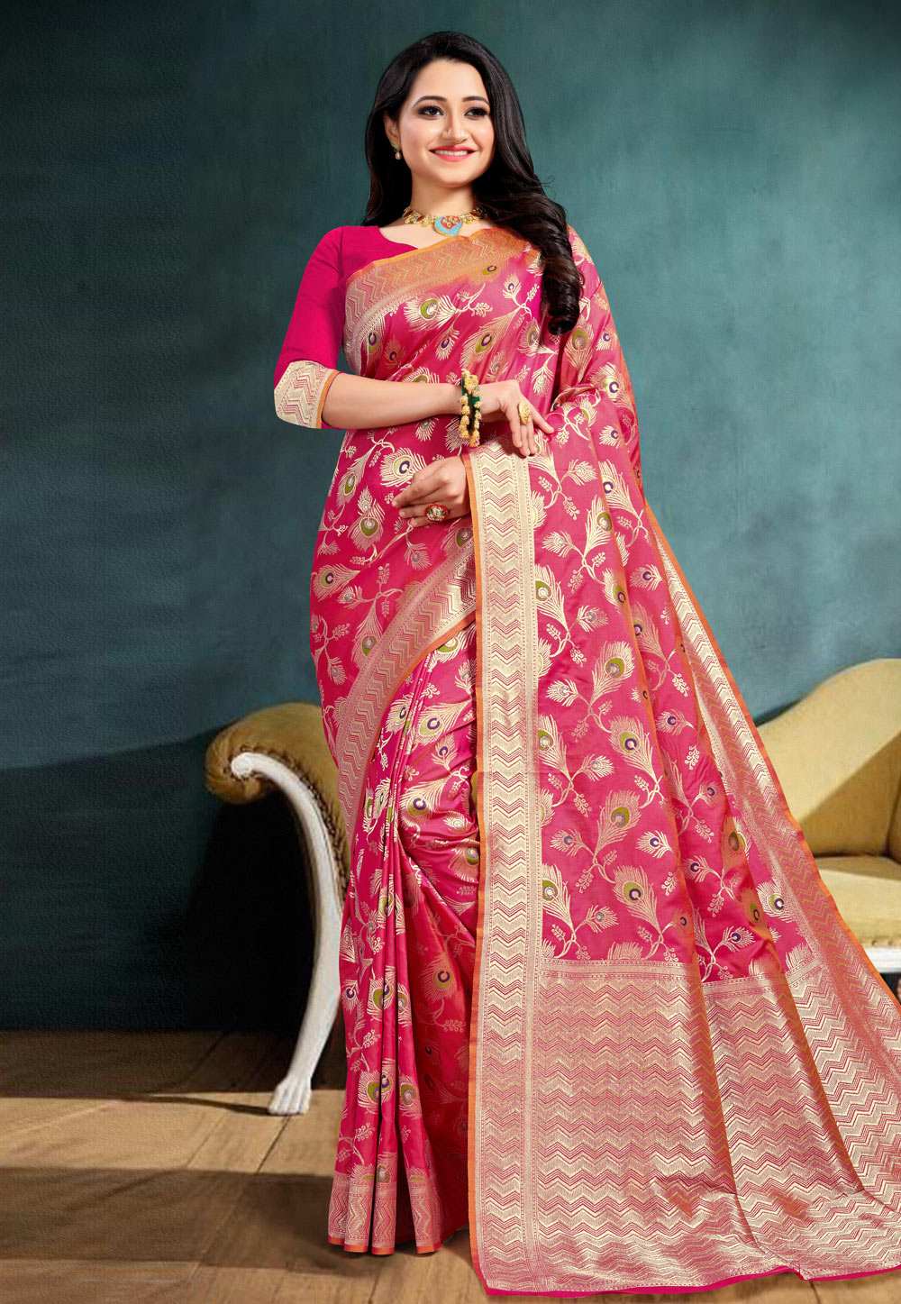 Pink Banarasi Silk Festival Wear Saree 225435