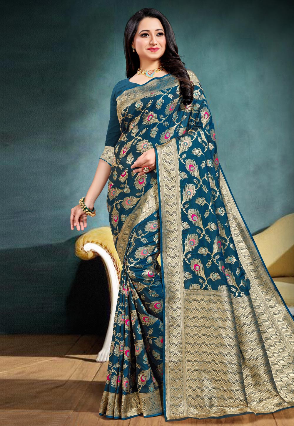 Blue Banarasi Silk Festival Wear Saree 225436