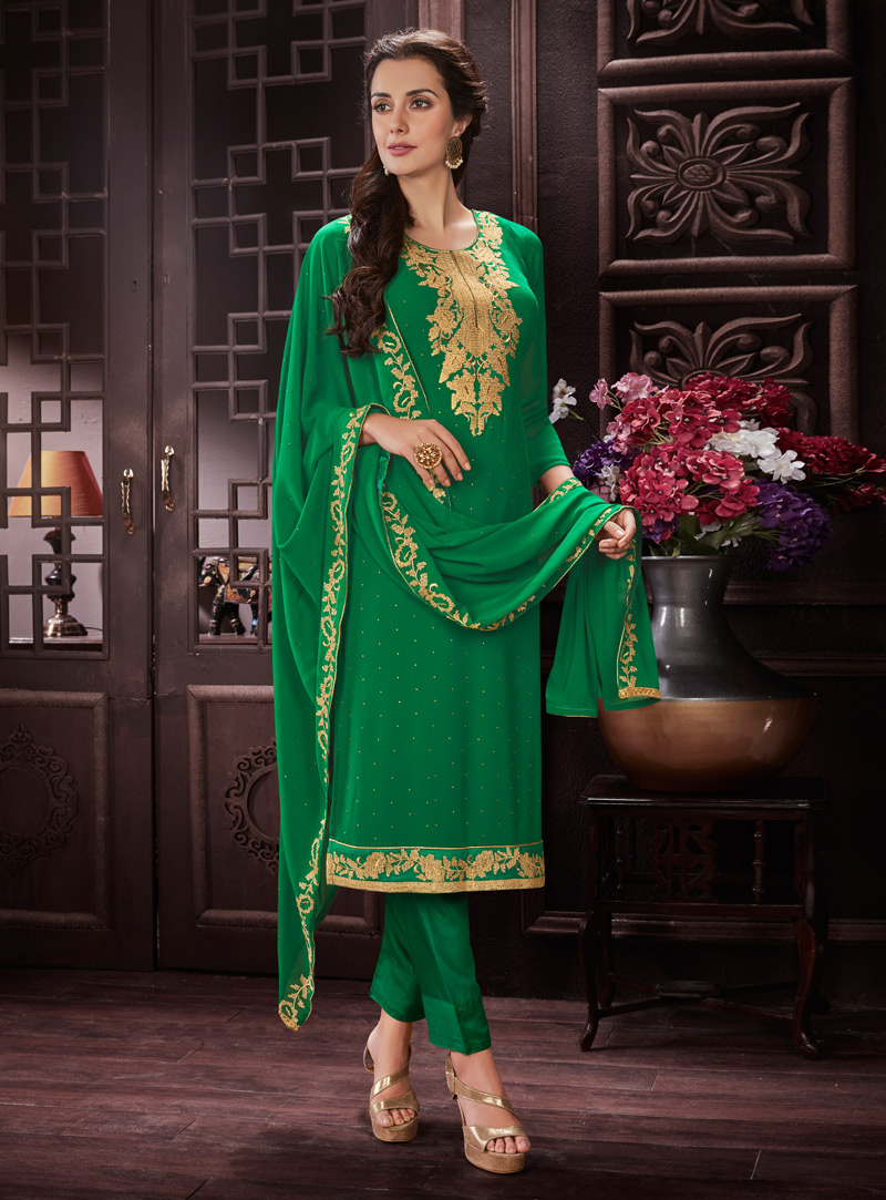 Green Georgette Pakistani Style Suit 138798