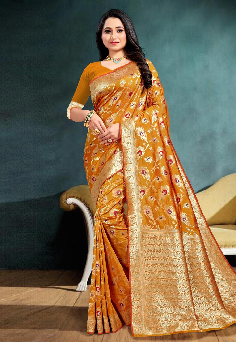 Mustard Banarasi Silk Festival Wear Saree 225439
