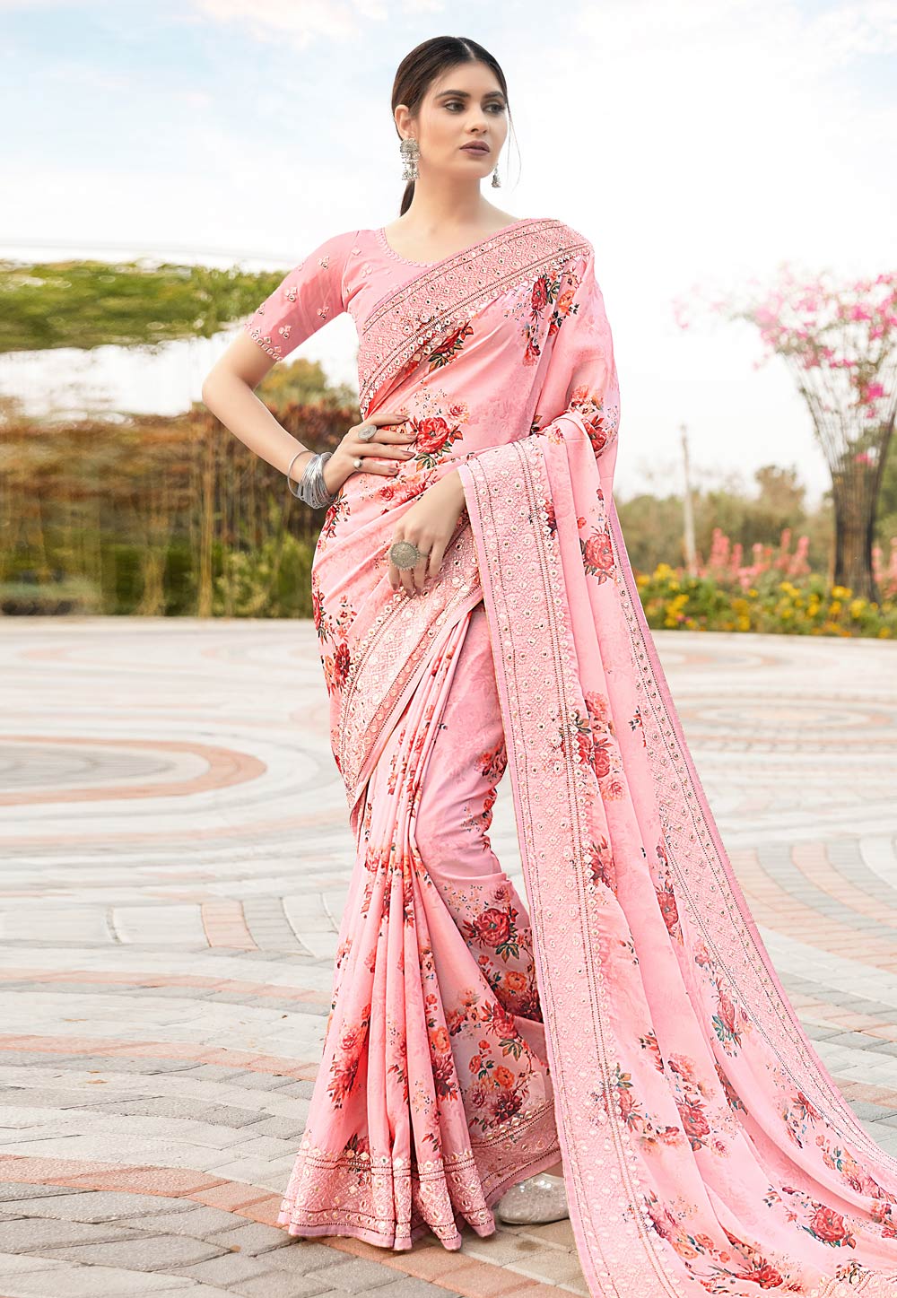Pink Satin Saree With Blouse 225454