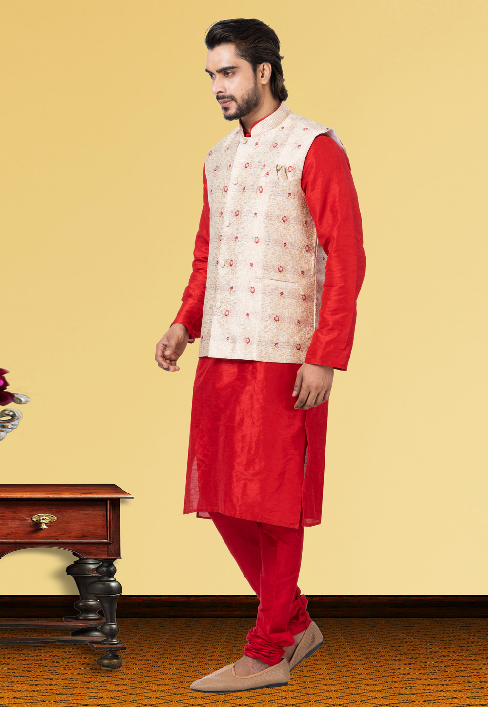 Red & Yellow Mens Designer Kurta Pajama With Nehru Jacket, Size: 36 at Rs  700/set in New Delhi
