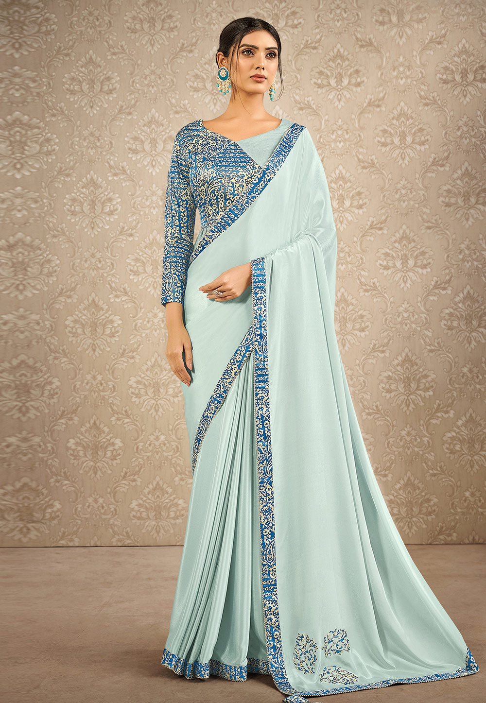 Sky Georgette Saree with Enchanting Floral Threadwork and Cutwork Bord