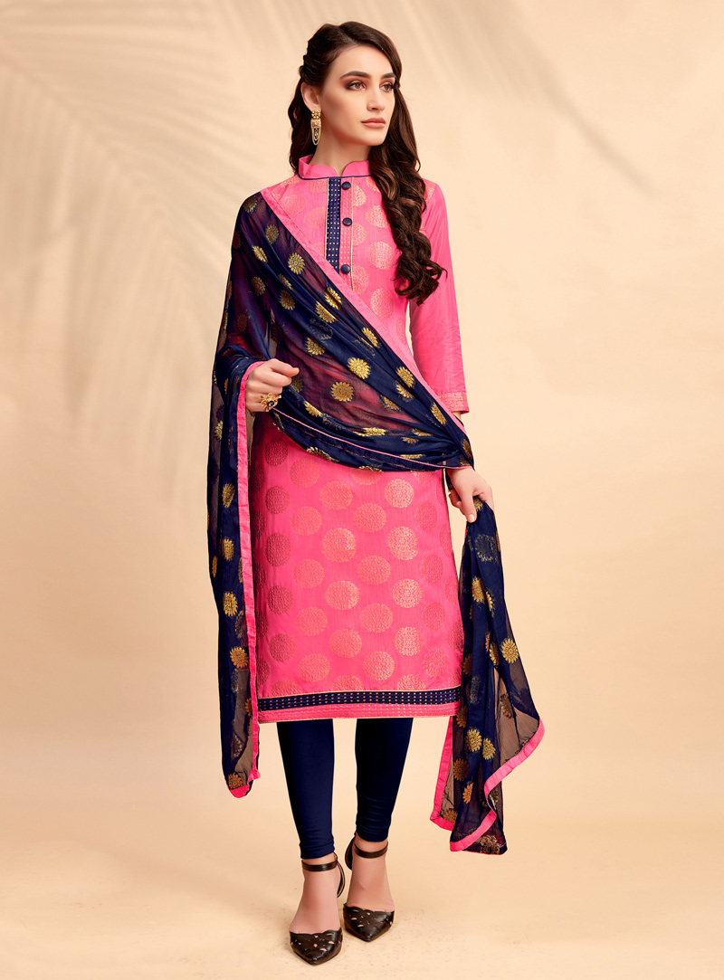 Pink Banarasi Silk Churidar Salwar Kameez 142888