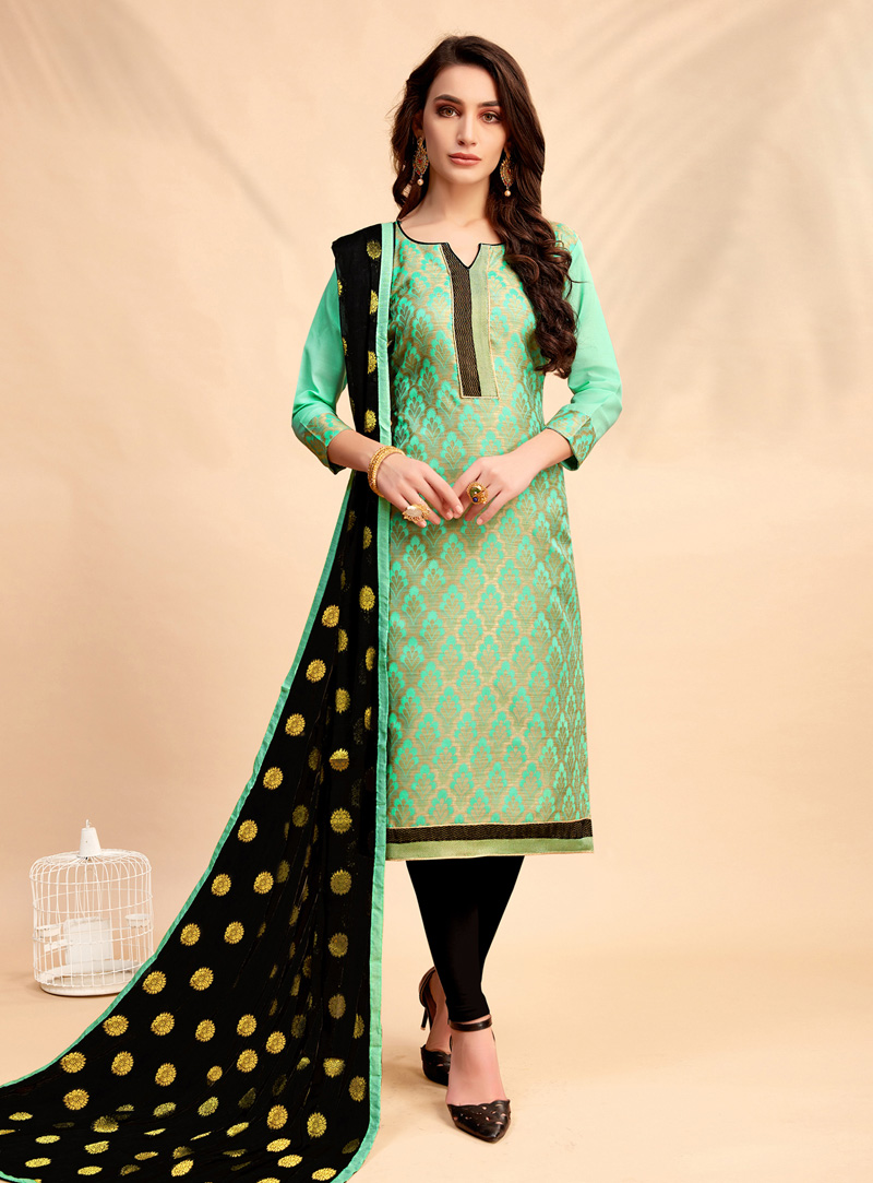 Light Green Banarasi Silk Churidar Suit 142889