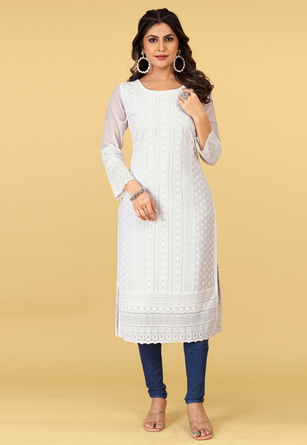 White Georgette Chiffon Long Kurti 267356