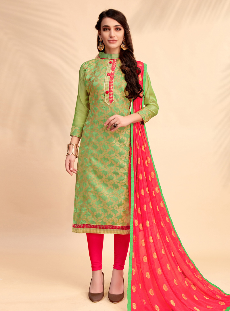 Green Banarasi Silk Churidar Salwar Kameez 142894