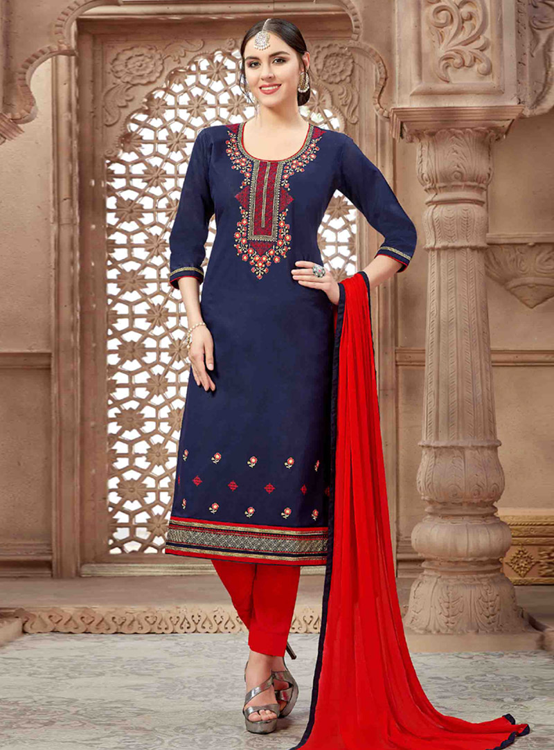 Navy Blue Cotton Pakistani Style Suit 143016