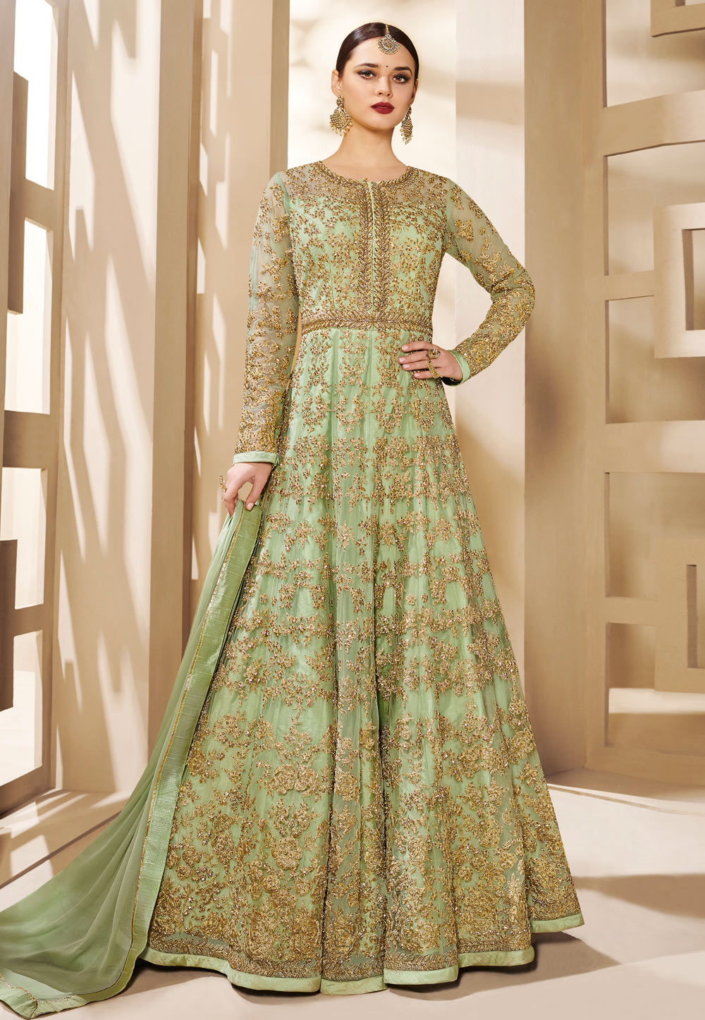 Green Net Embroidered Long Anarkali Suit 185200