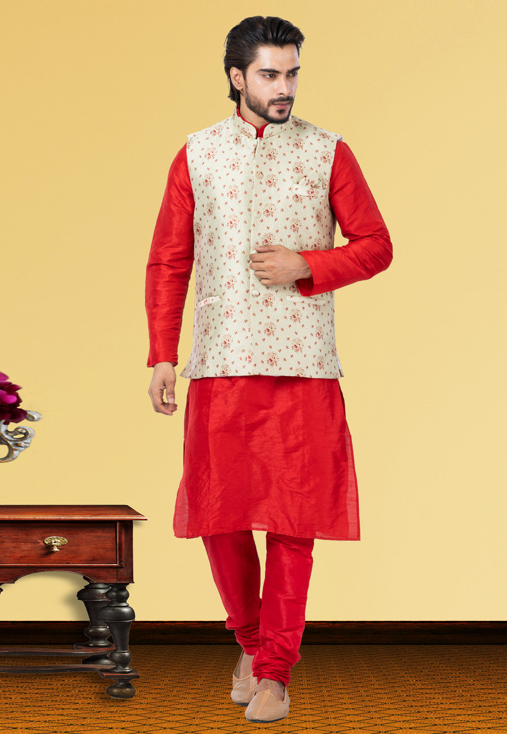 Red Dupion Raw Silk Kurta Pajama With Jacket 250177