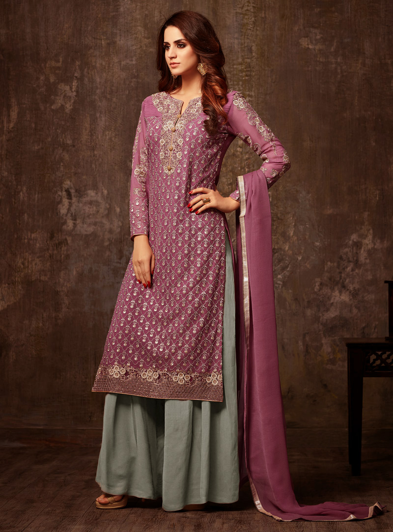 Purple Georgette Palazzo Style Suit 121438