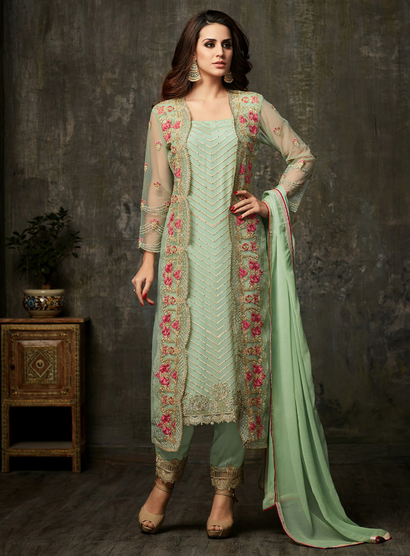 Green Georgette Pakistani Style Suit 121439
