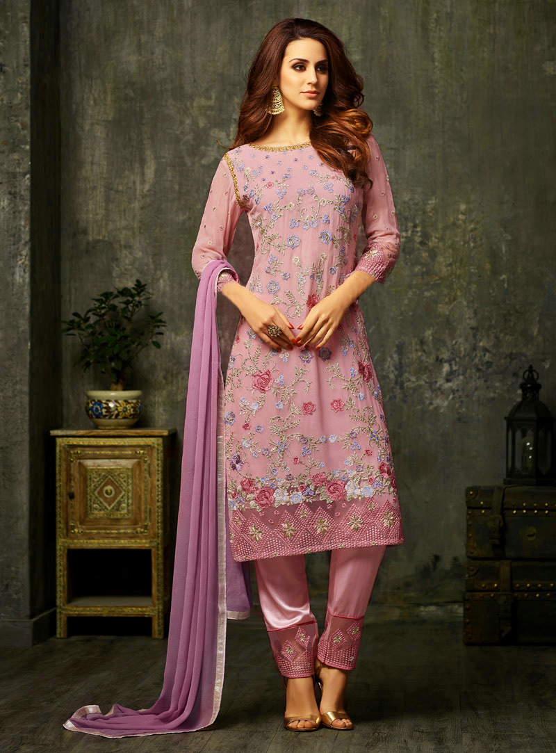 Pink Georgette Pant Style Suit 121440