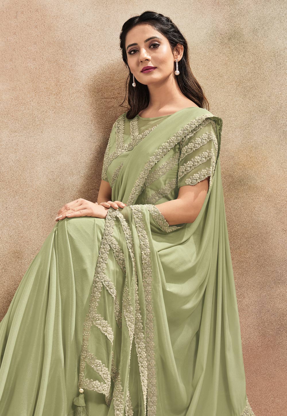 Pista Green Satin Silk Saree With Blouse 244085
