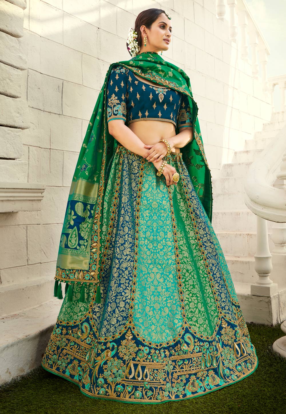 Green Silk Embroidered Lehenga Choli 217874
