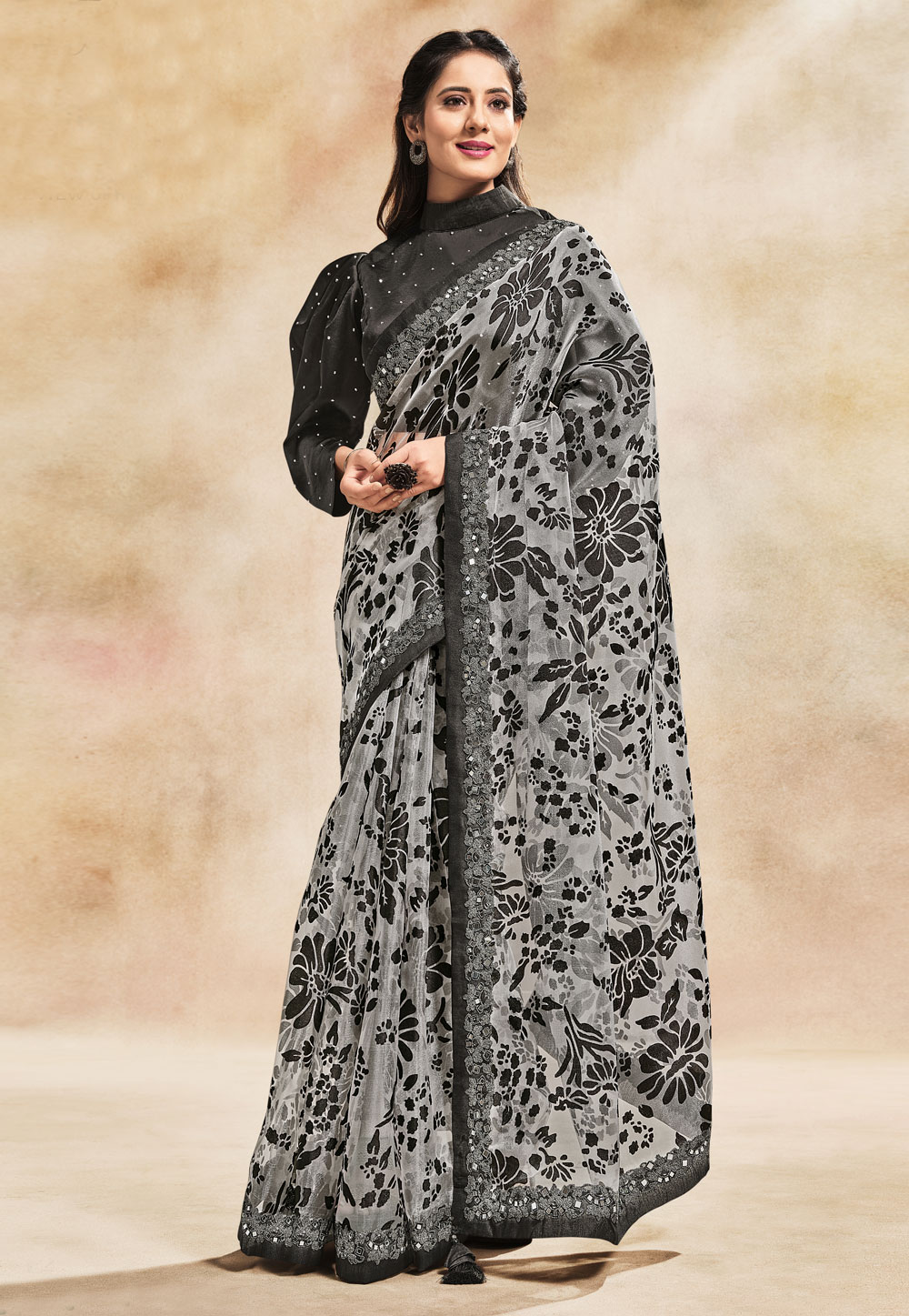 Grey Organza Saree With Designer Blouse 244087