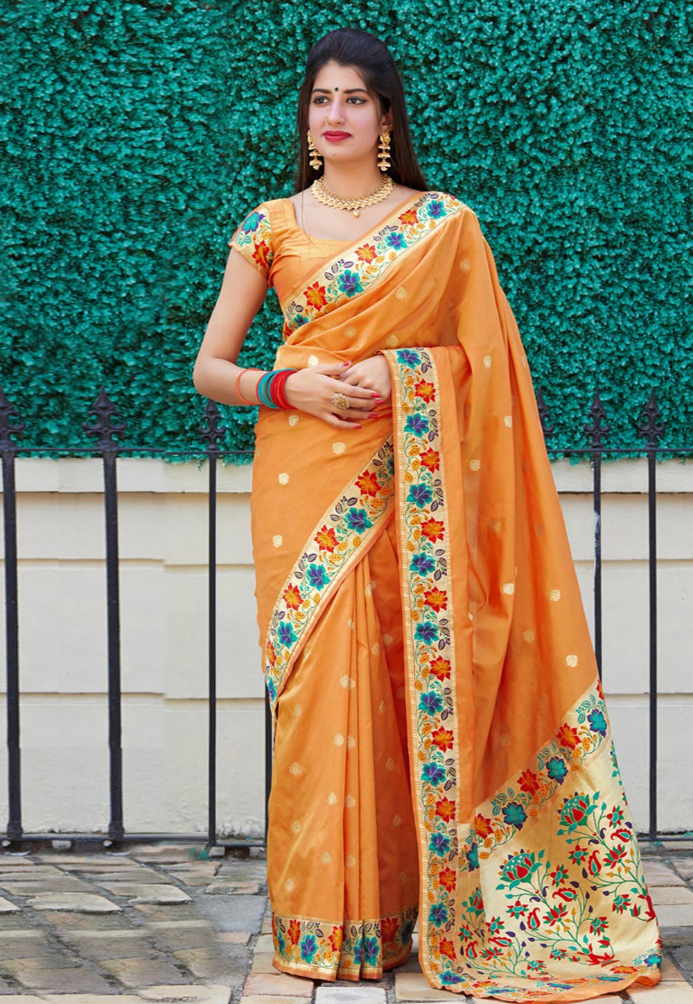 Orange Banarasi Silk Paithani Saree 218222