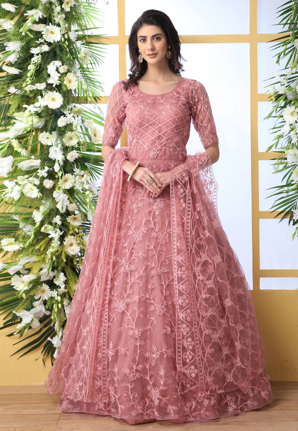 Pink Net Embroidered Abaya Style Anarkali Suit 194872