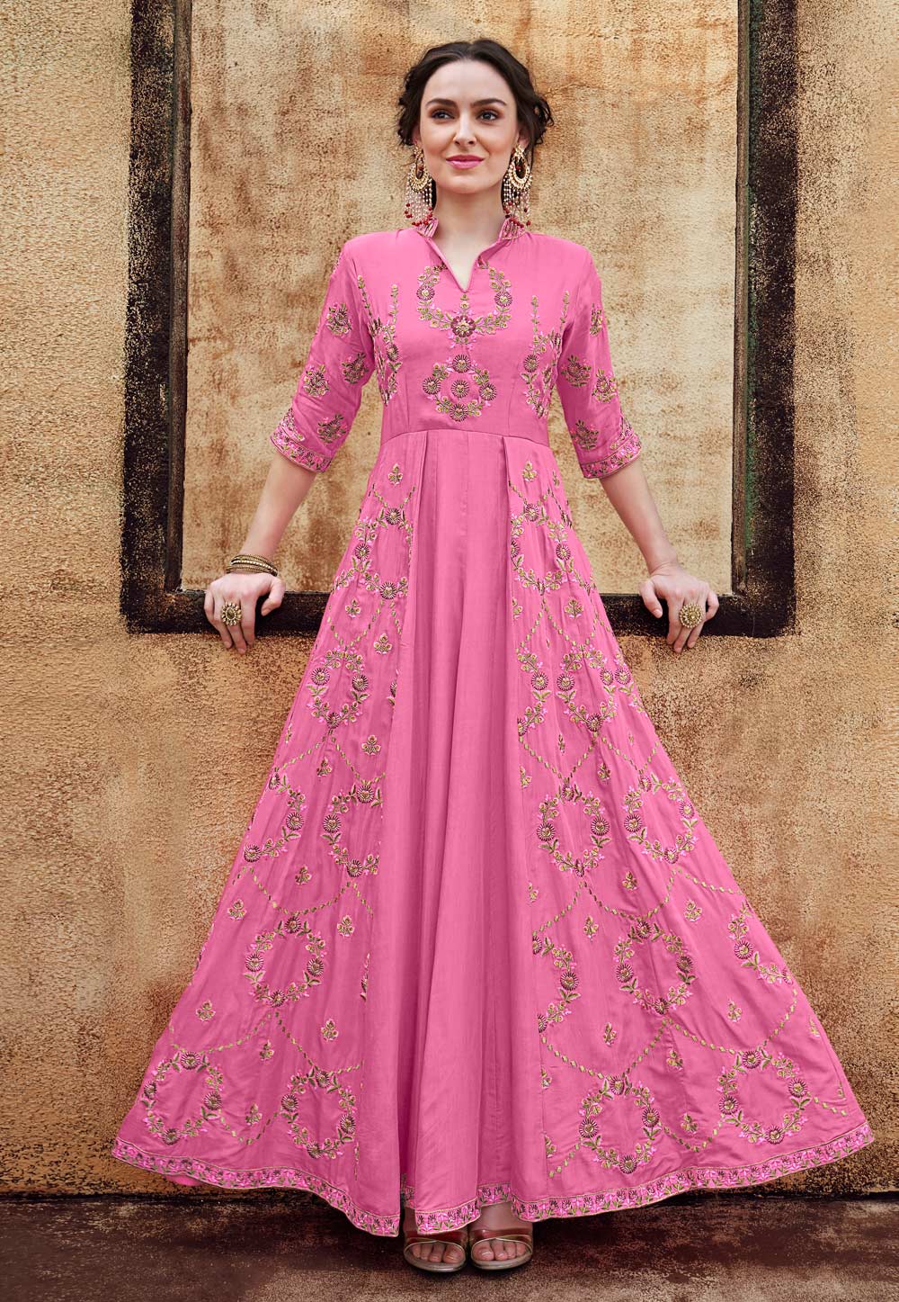 Pink Rayon Readymade Gown 154363