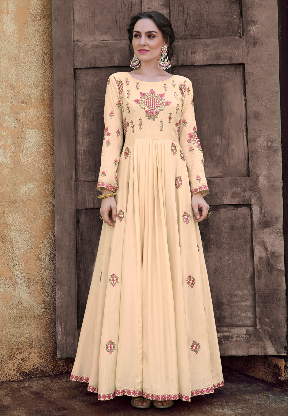 Cream Rayon Readymade Gown 154365