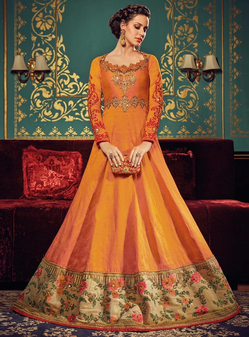 Orange Silk Floor Length Anarkali Suit 90480