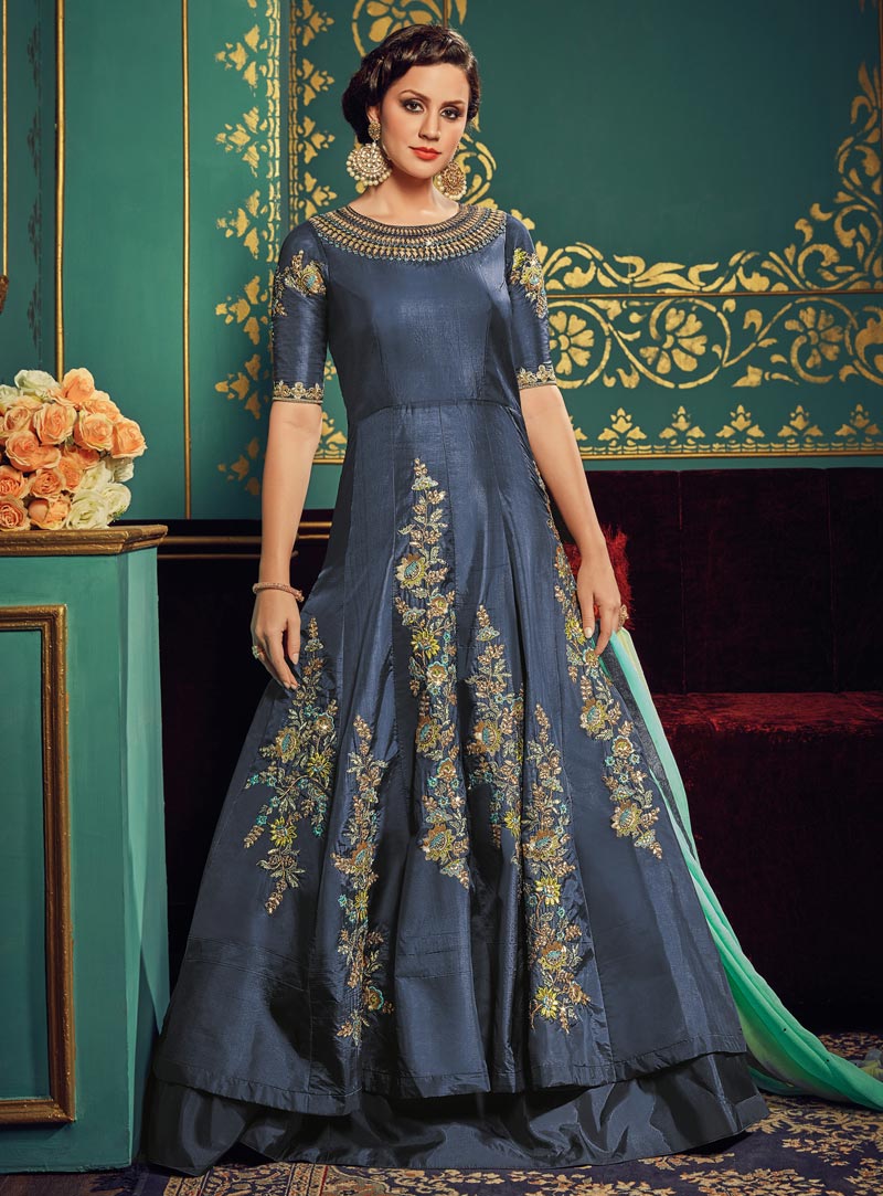 Blue Silk Layered Anarkali Suit 90482