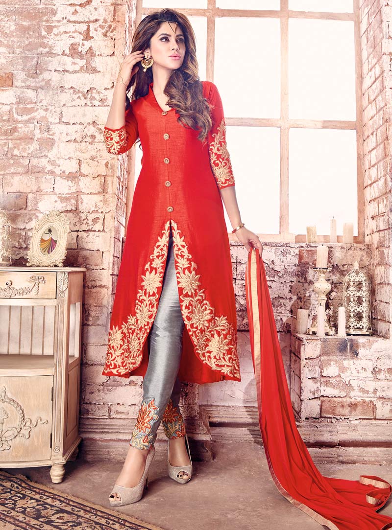 Red Bhagalpuri Silk Pant Style Suit 87061