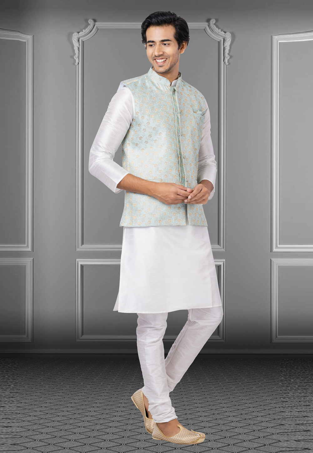 White Dupion Raw Silk Kurta Pajama With Jacket 250178