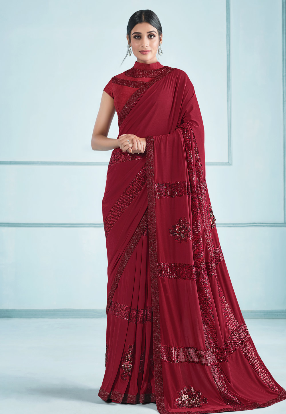 Red Lycra Saree With Blouse 274811