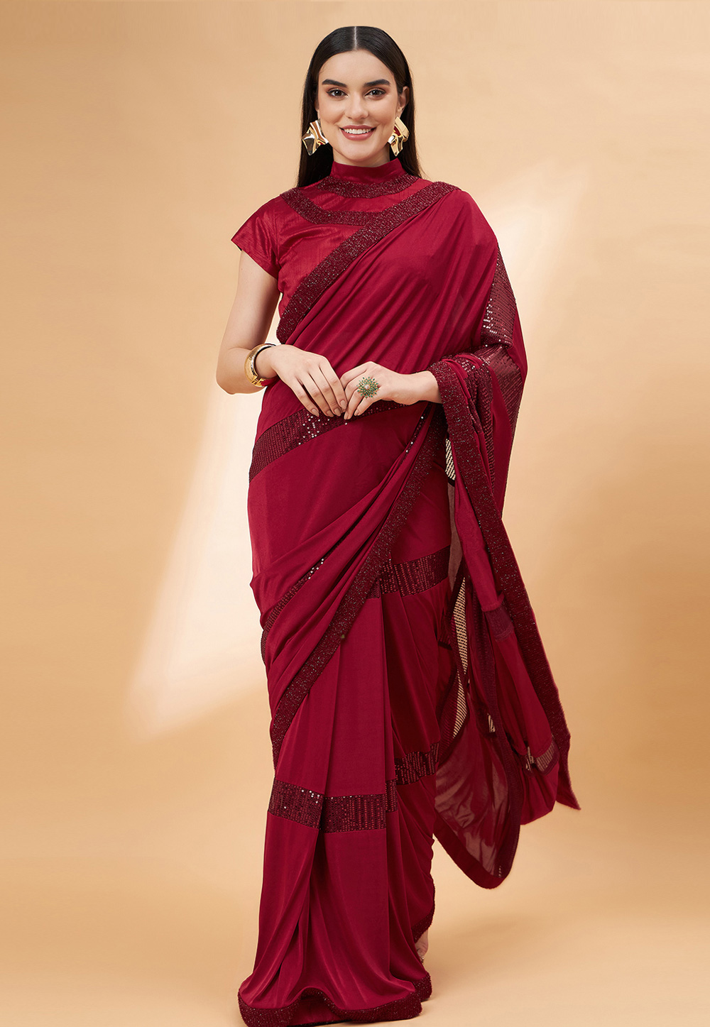 Maroon Lycra Saree With Blouse 276423