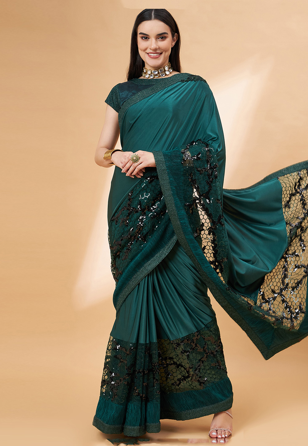 Teal Lycra Saree With Blouse 276424