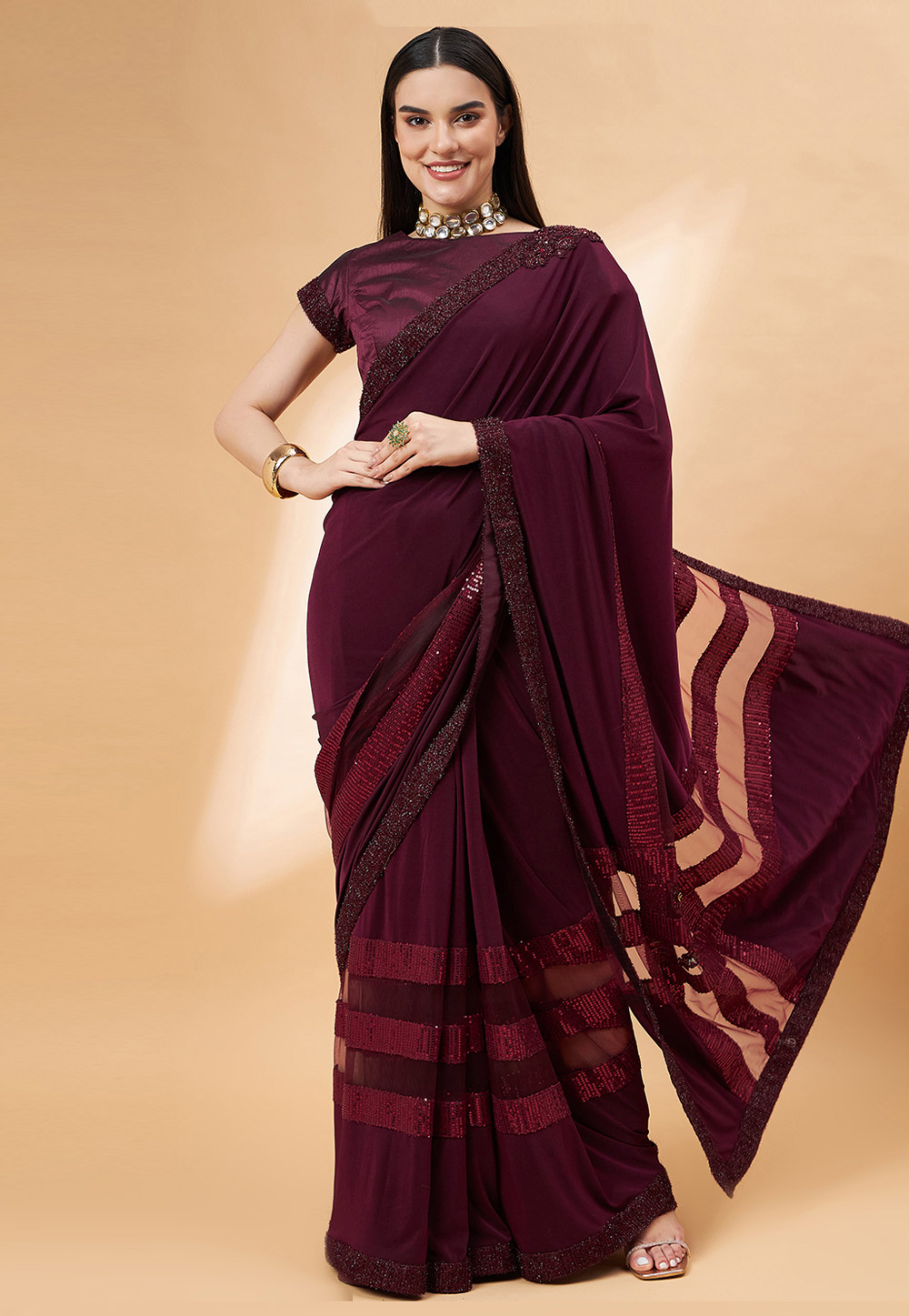 Wine Lycra Saree With Blouse 276425
