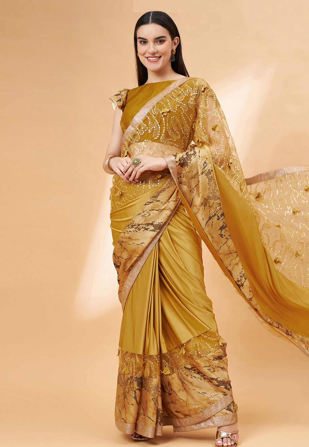 Mustard Lycra Saree With Blouse 276426