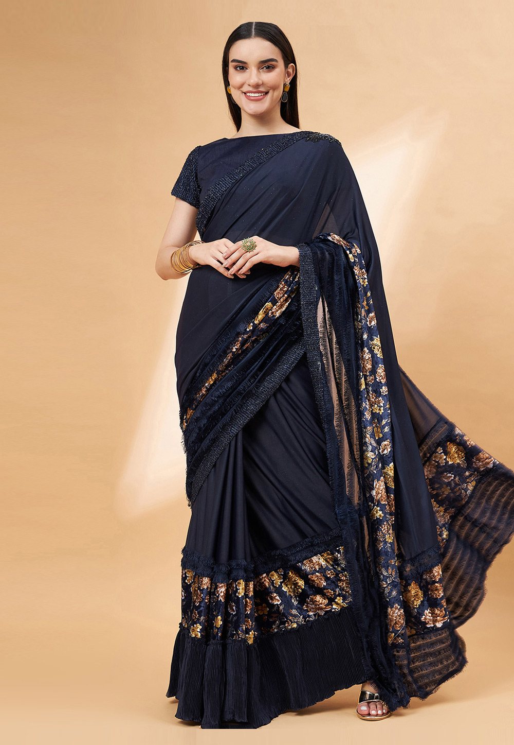Navy Blue Lycra Saree With Blouse 276427
