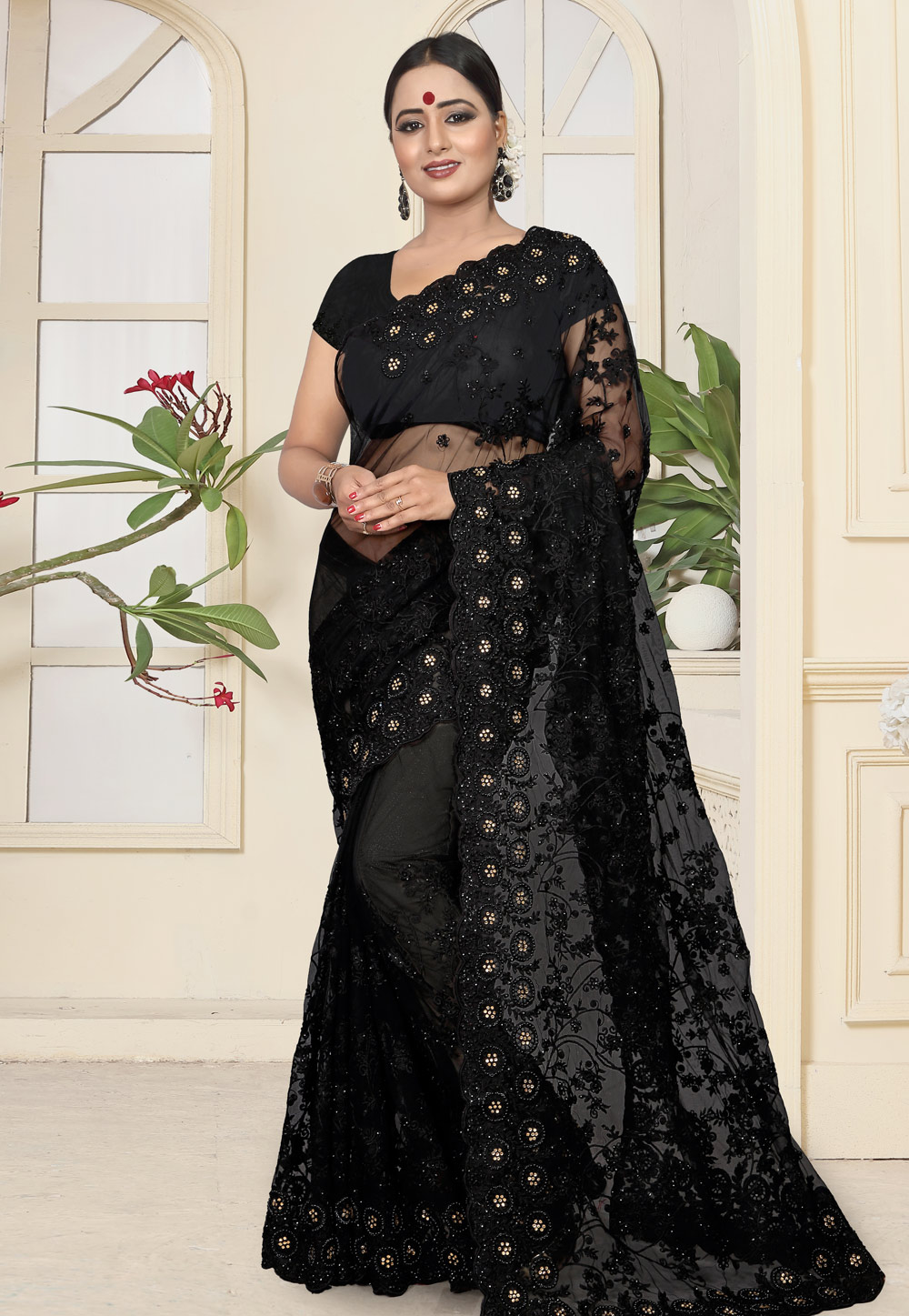 Black Net Festival Wear Saree 184362